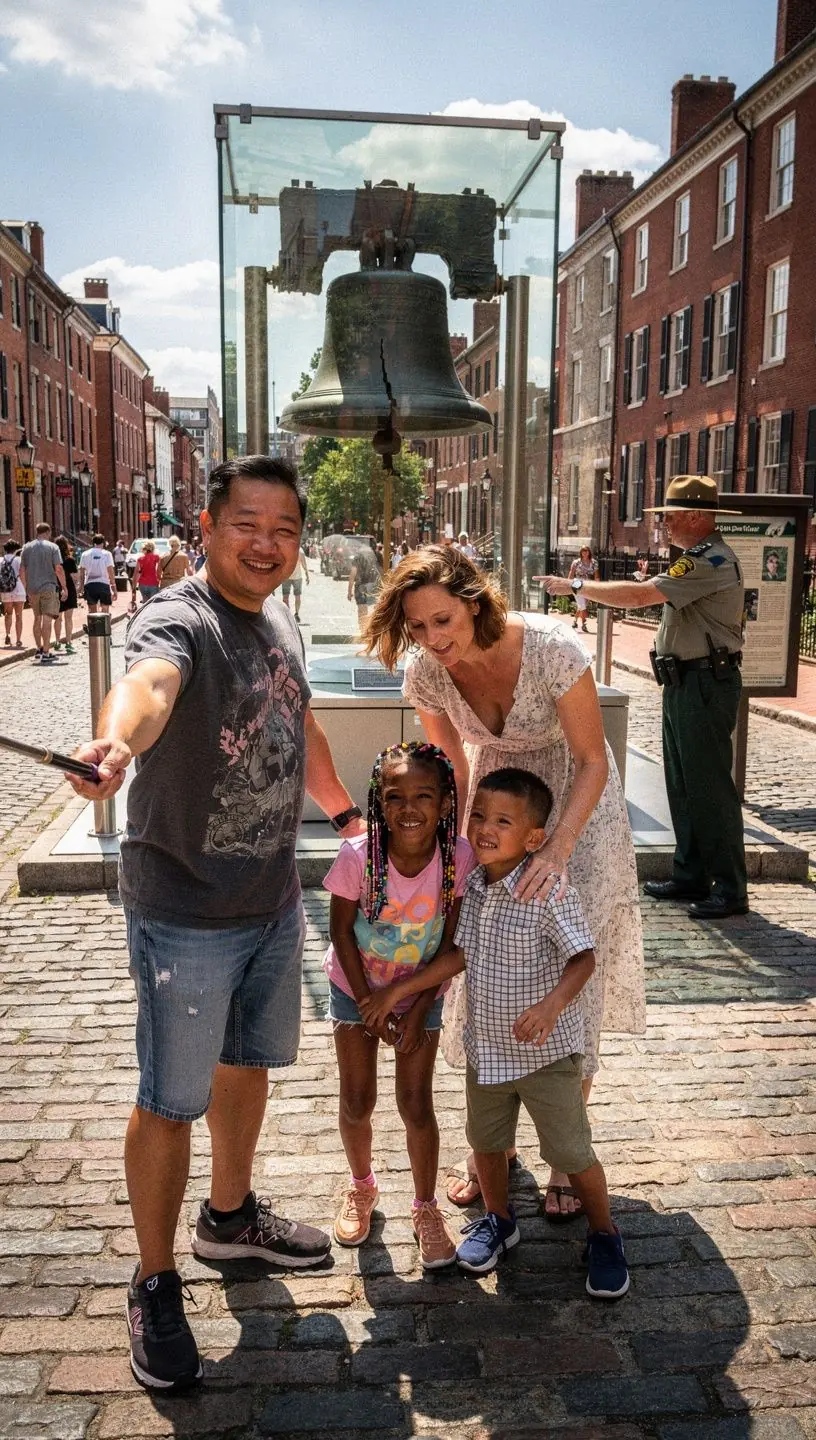 Przewodnik turystyczny pokazujący rodzinie dostępne atrakcje w mieście.